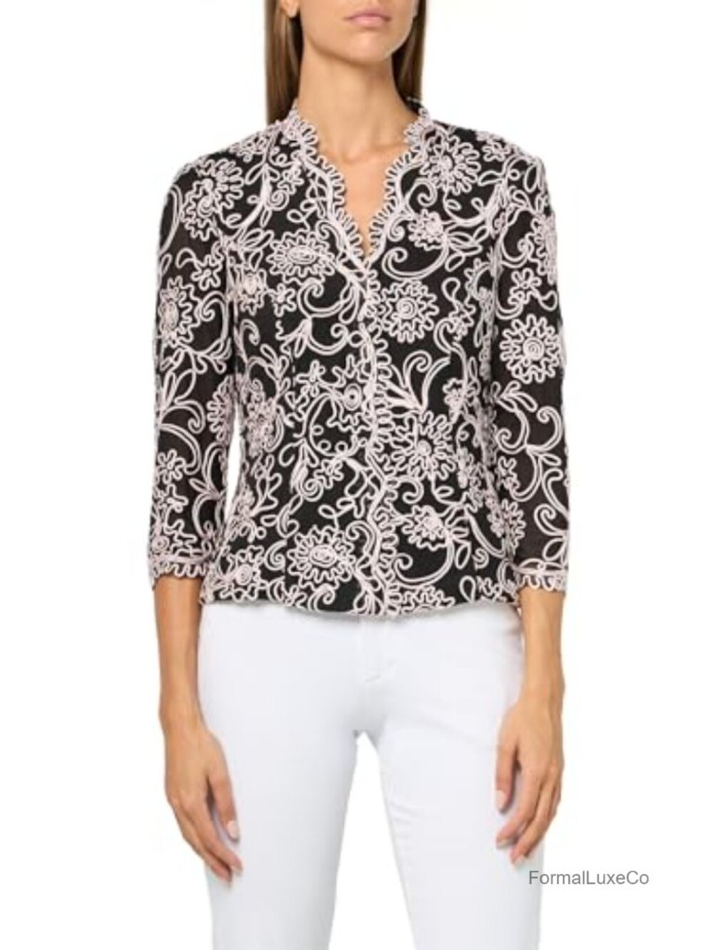 Stretch Embroidered Formal Blouse with Scallop Detail & Illusion Sleeves